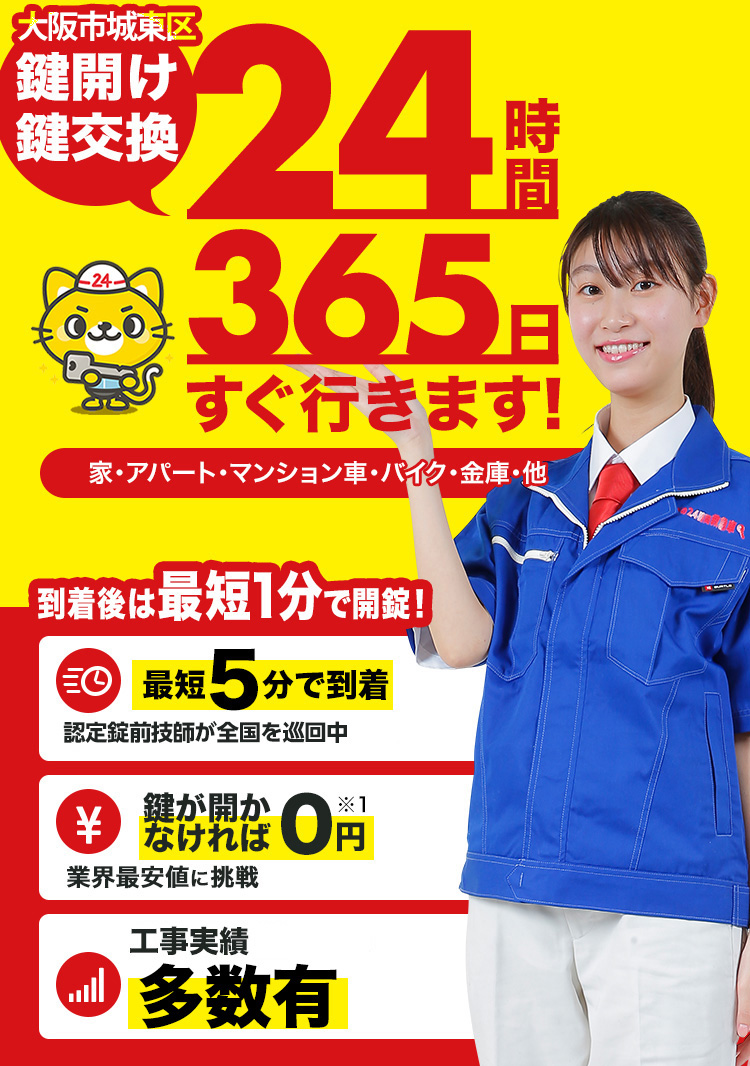鍵開け、玄関鍵交換、修理大阪市城東区